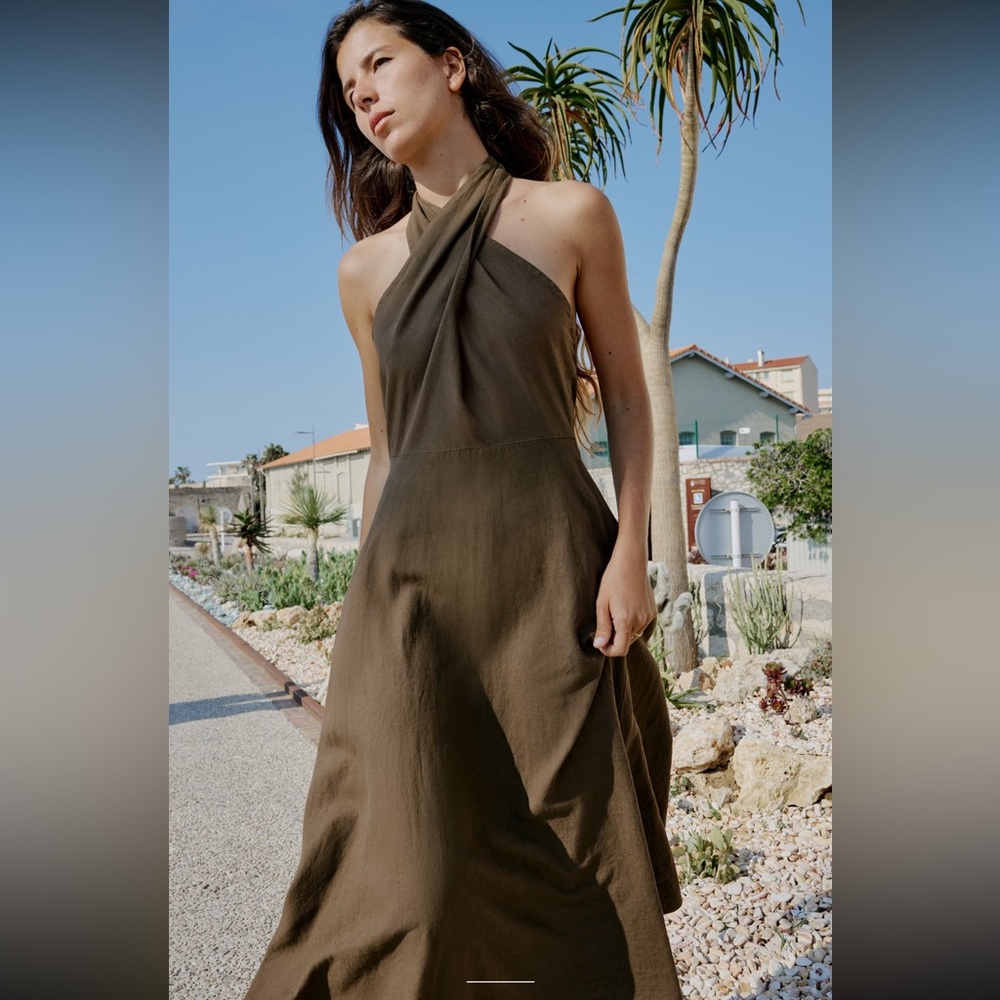 ZARA LINEN BLEND MIDI HALTER DRESS
